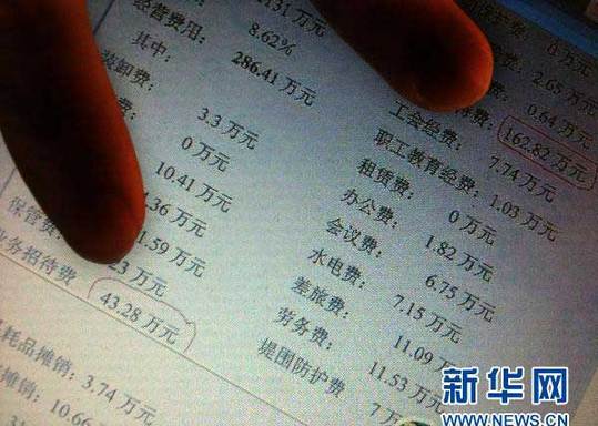 2011年1月13日 “最牛煙草局長”的家族聯(lián)絡(luò)圖網(wǎng)絡(luò)帖子上列出了汕尾煙草公司2010年3月的支出明細(xì)，其中當(dāng)月兩項業(yè)務(wù)招待費合計為206．1萬元（2010年12月30日攝）。新華社記者 盧漢欣 攝