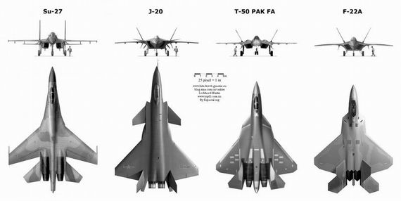 資料圖：殲-20戰(zhàn)機(jī)與蘇-27、T-50、F-22A對(duì)比圖。